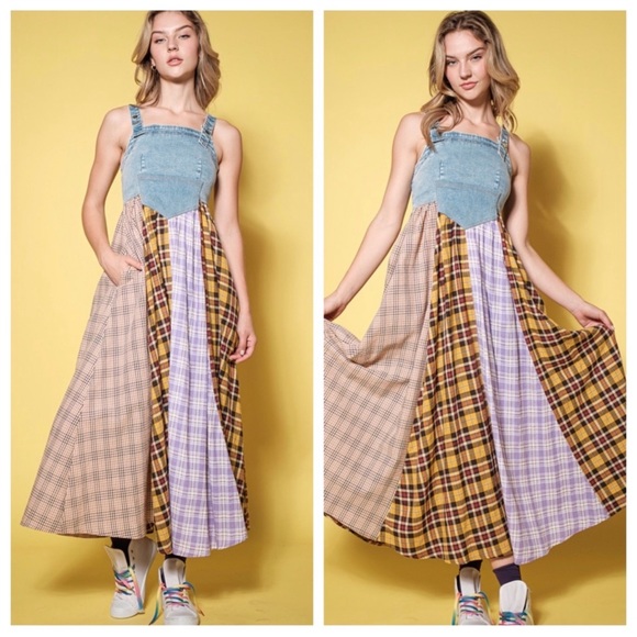 Boho Denim Multi Fabric Pleated Suspender Dress - Picture 2 of 5